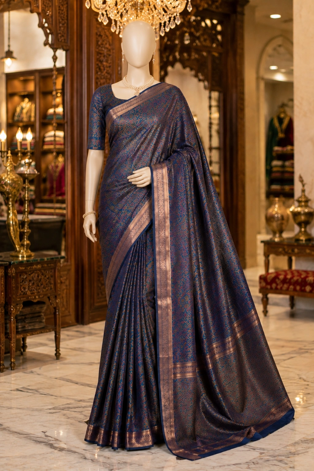 Royal Blue Jamawar Woven Saree with Elegant Zari Border - Image 6