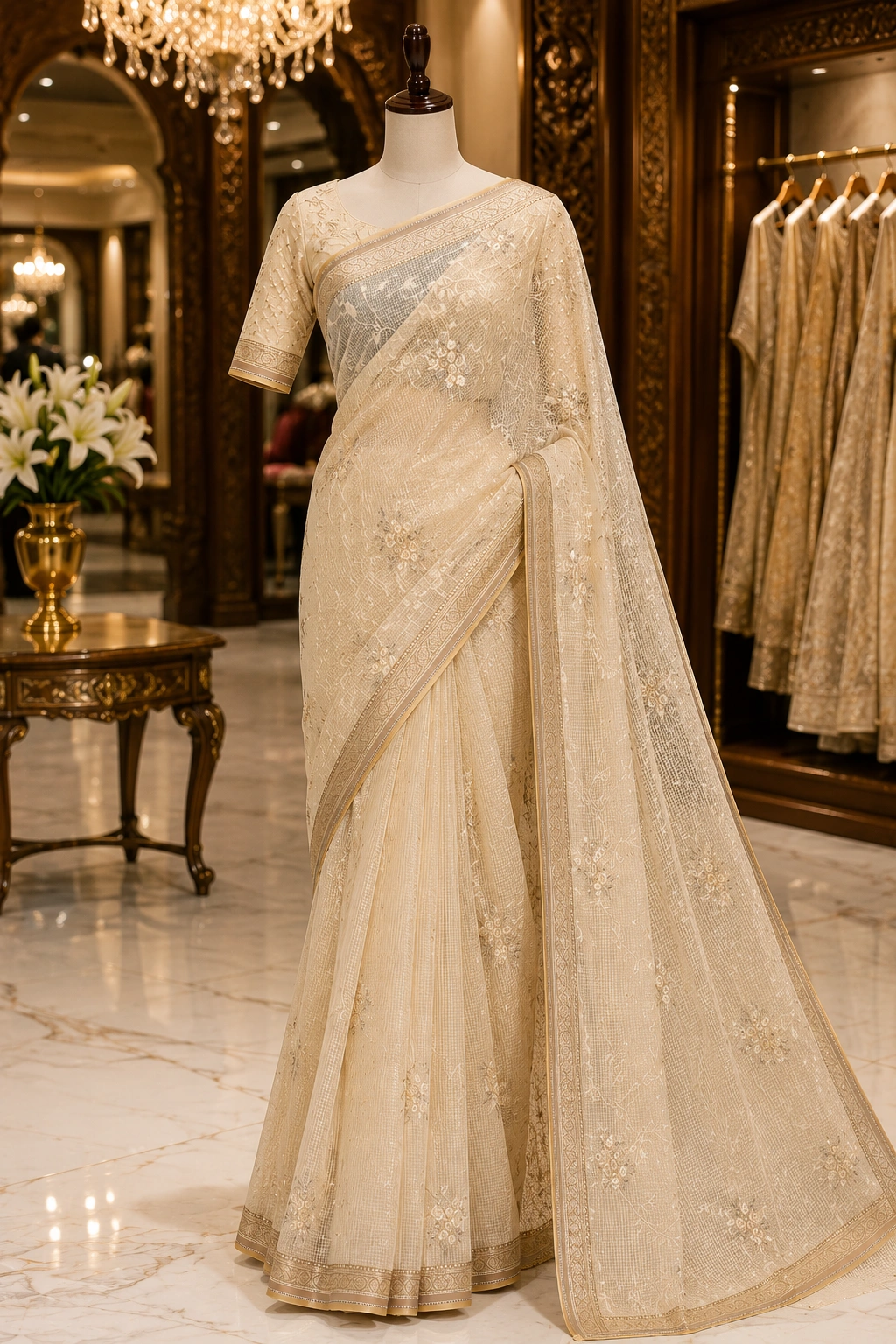 Elegant Beige Kota Saree with Intricate Thread Work & Blouse Piece - Image 6