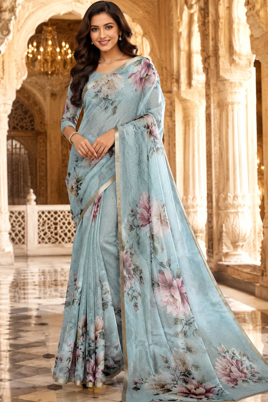 Pastel Light Green Kota Saree with Elegant Floral Printed Work