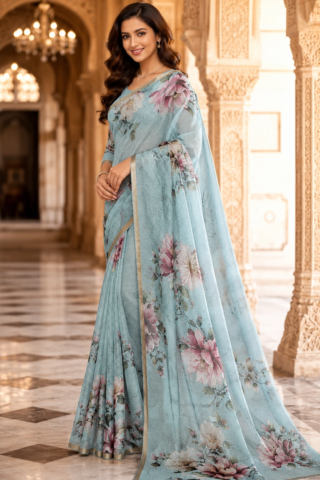 Pastel Light Green Kota Saree with Elegant Floral Printed Work - Image 2