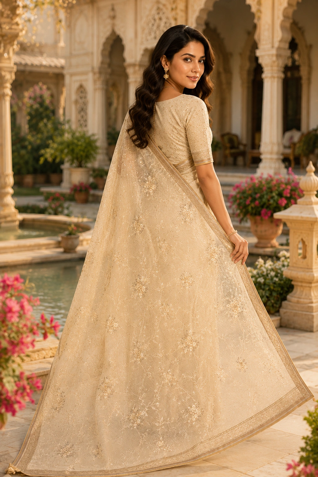 Elegant Beige Kota Saree with Intricate Thread Work & Blouse Piece - Image 2