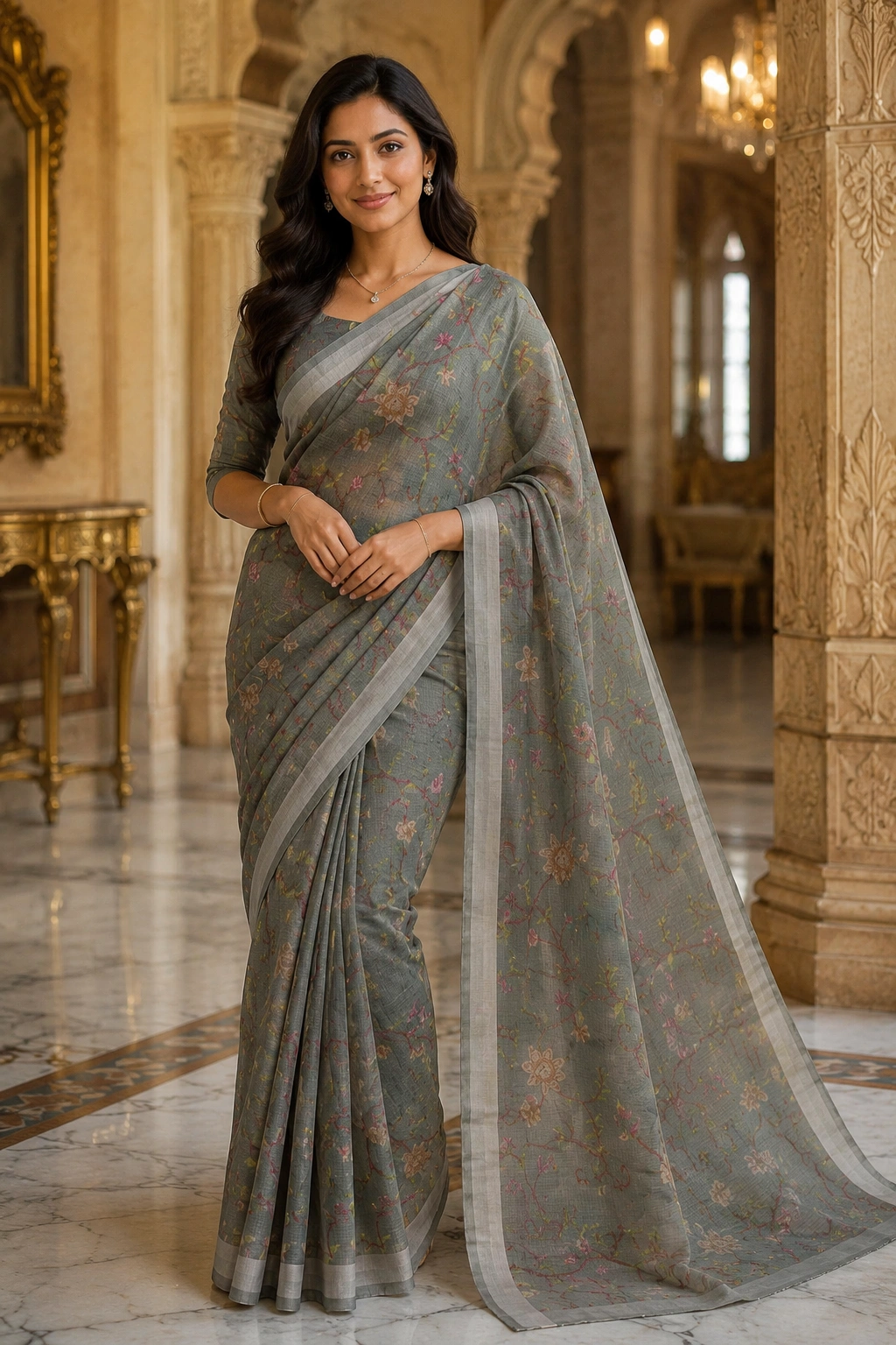 Emerald Green Mul Cotton Printed Saree with Floral Vine Design
