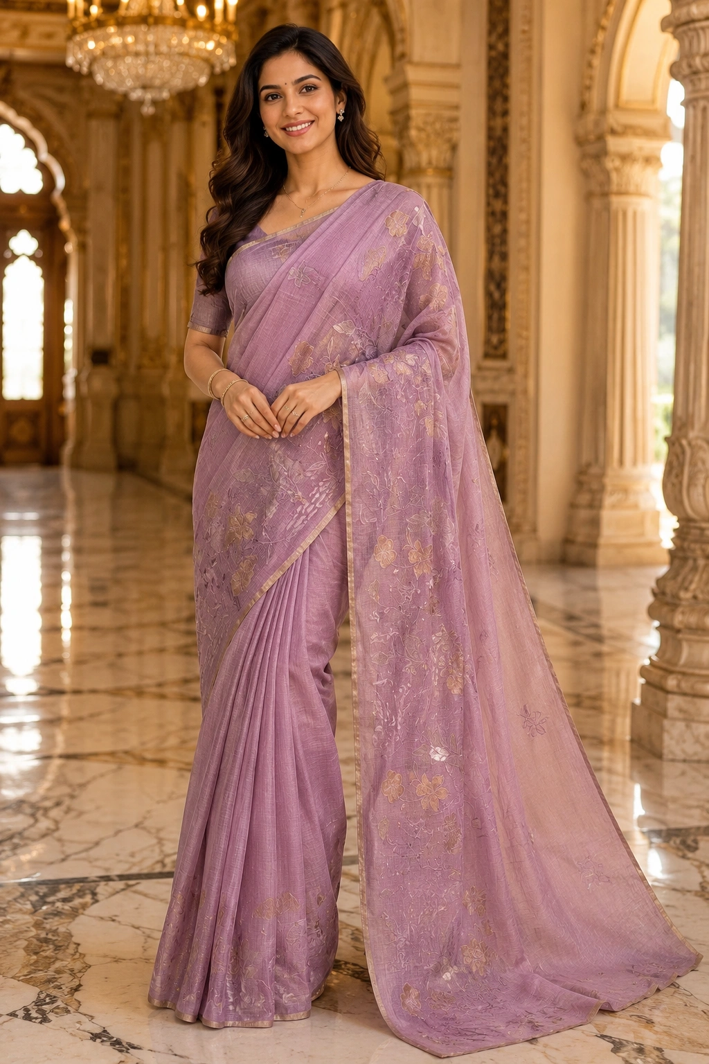 Elegant Lavender Kota Saree with Intricate Appliqué Work