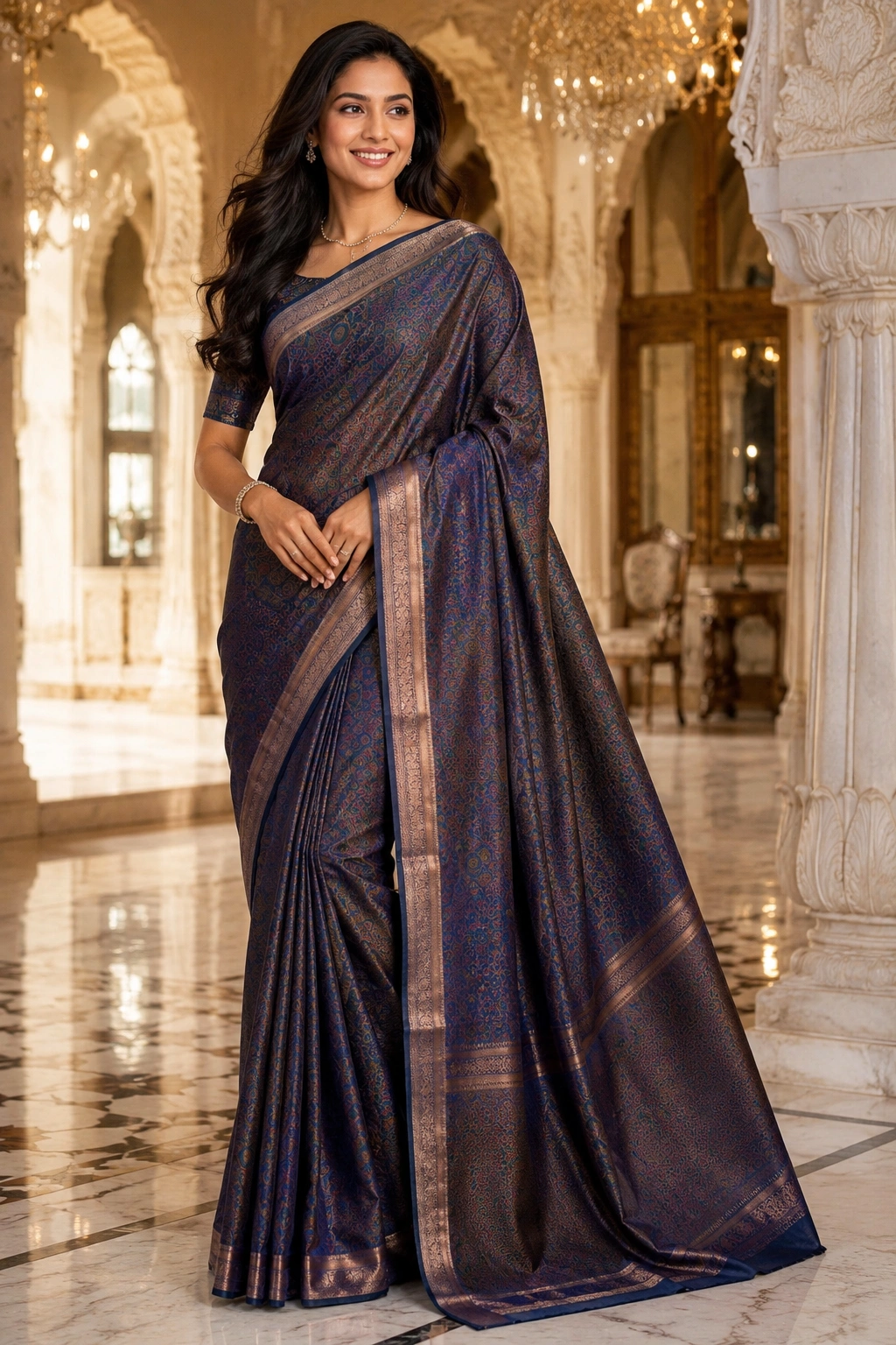 Royal Blue Jamawar Woven Saree with Elegant Zari Border