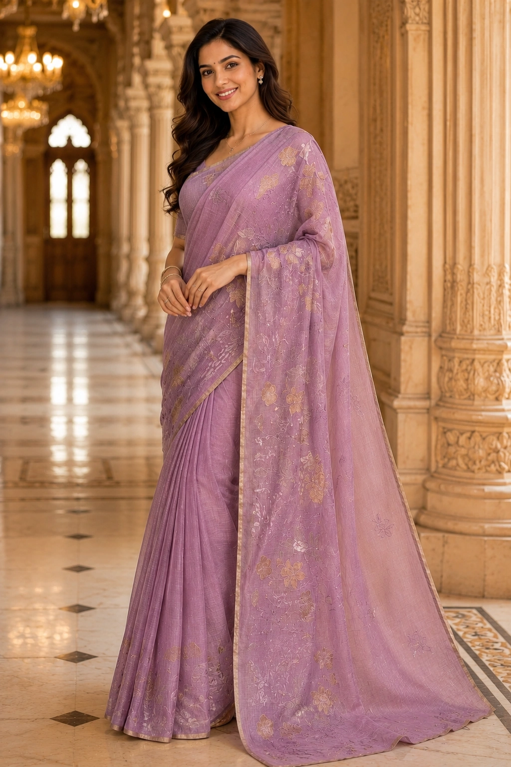 Elegant Lavender Kota Saree with Intricate Appliqué Work - Image 3