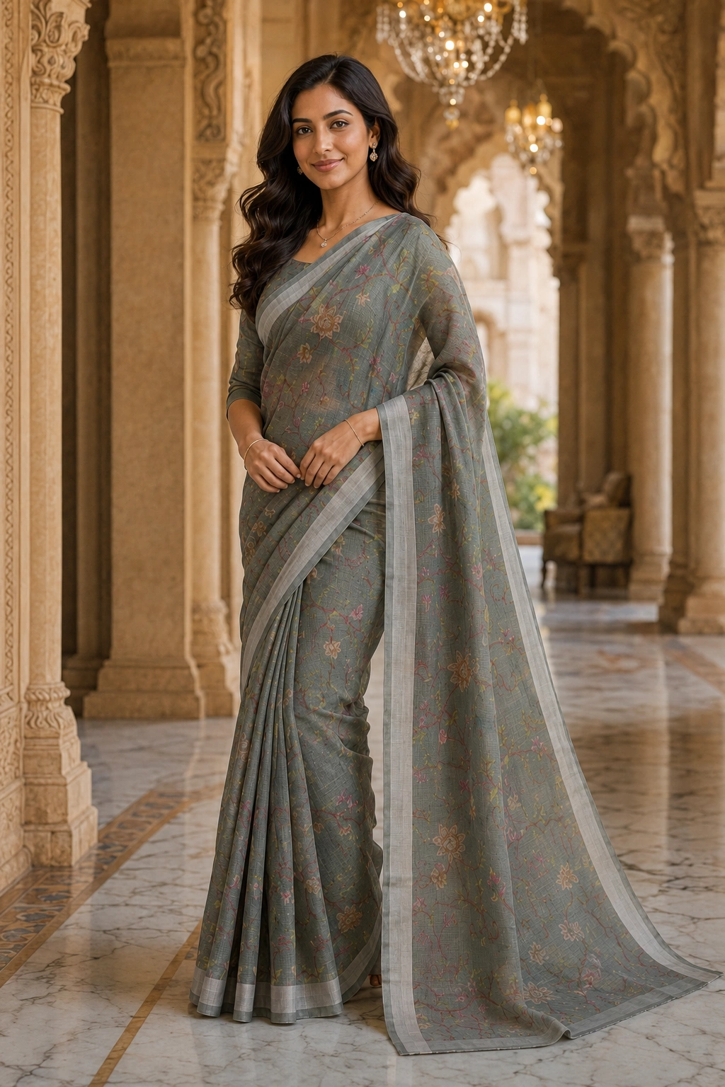 Emerald Green Mul Cotton Printed Saree with Floral Vine Design - Image 2