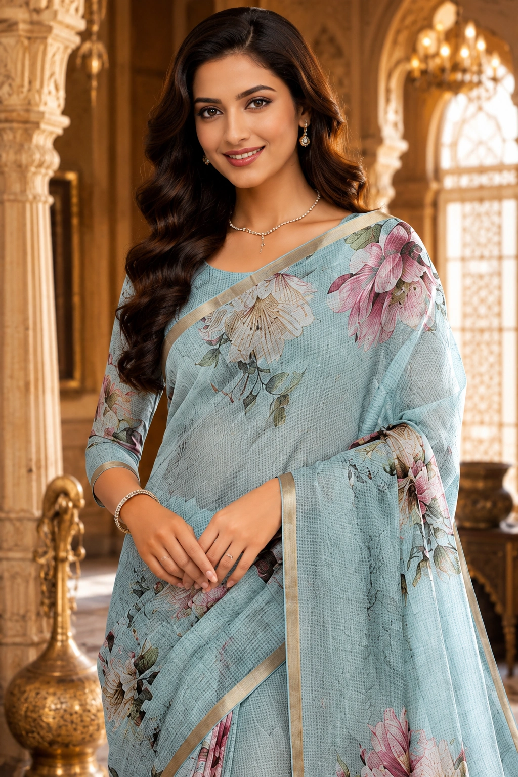 Pastel Light Green Kota Saree with Elegant Floral Printed Work - Image 4