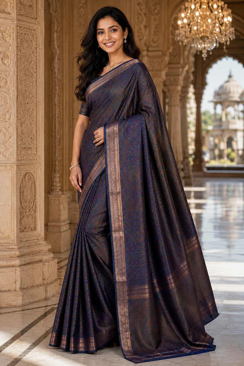 Royal Blue Jamawar Woven Saree with Elegant Zari Border - Image 4