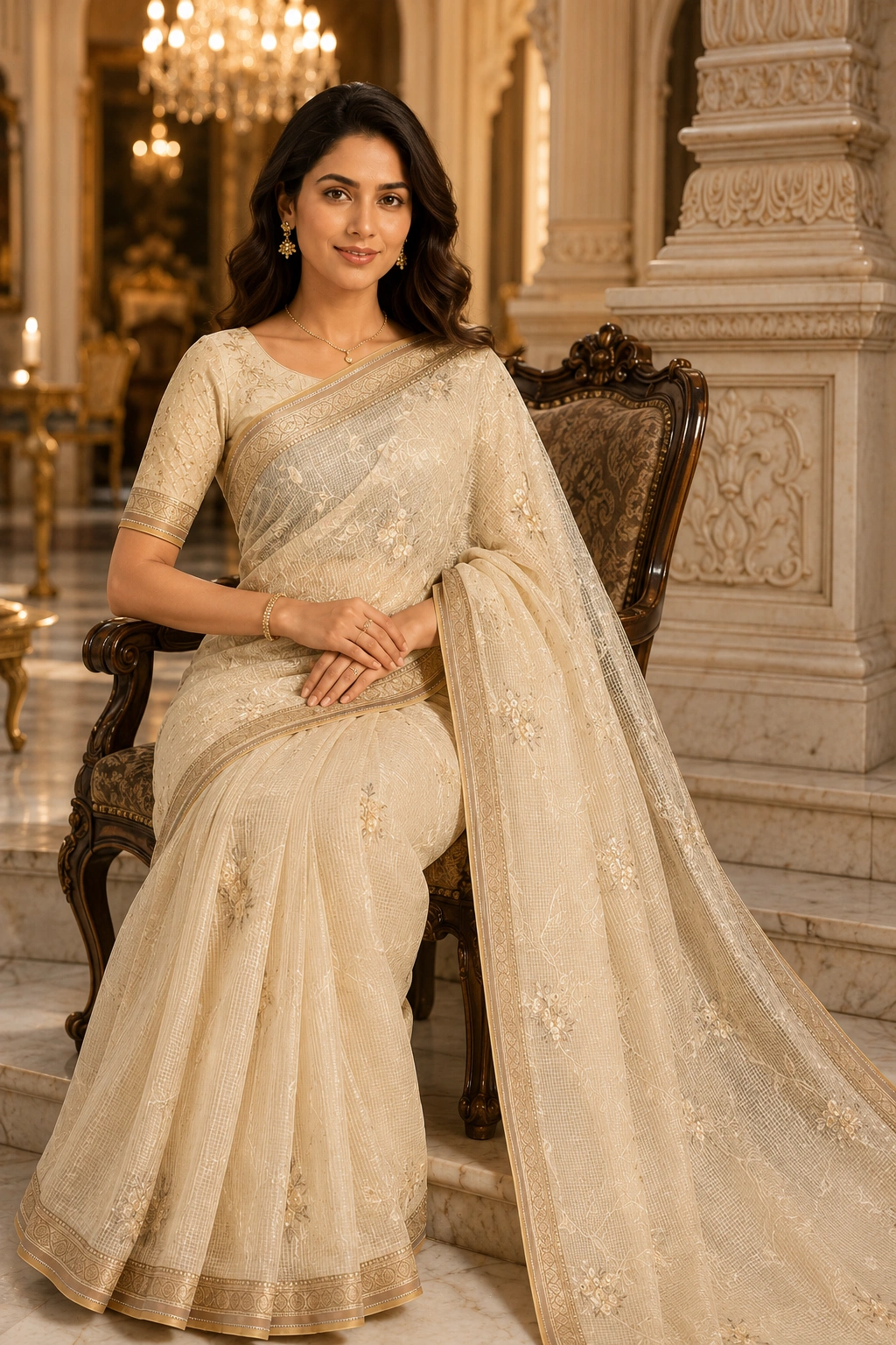 Elegant Beige Kota Saree with Intricate Thread Work & Blouse Piece - Image 5