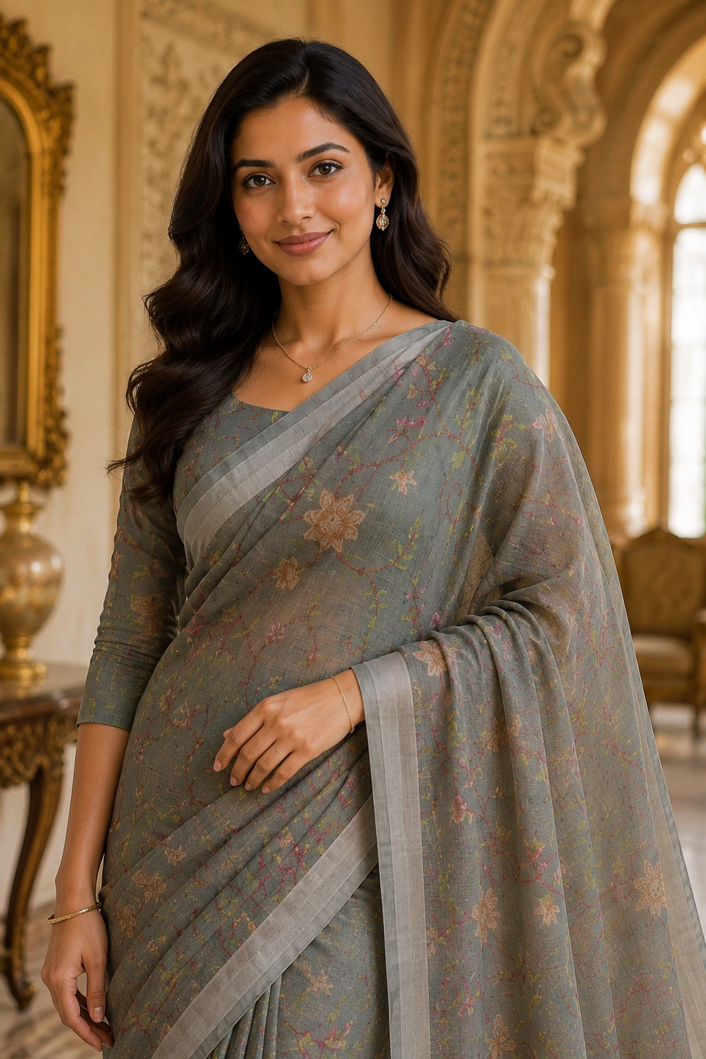 Emerald Green Mul Cotton Printed Saree with Floral Vine Design - Image 5