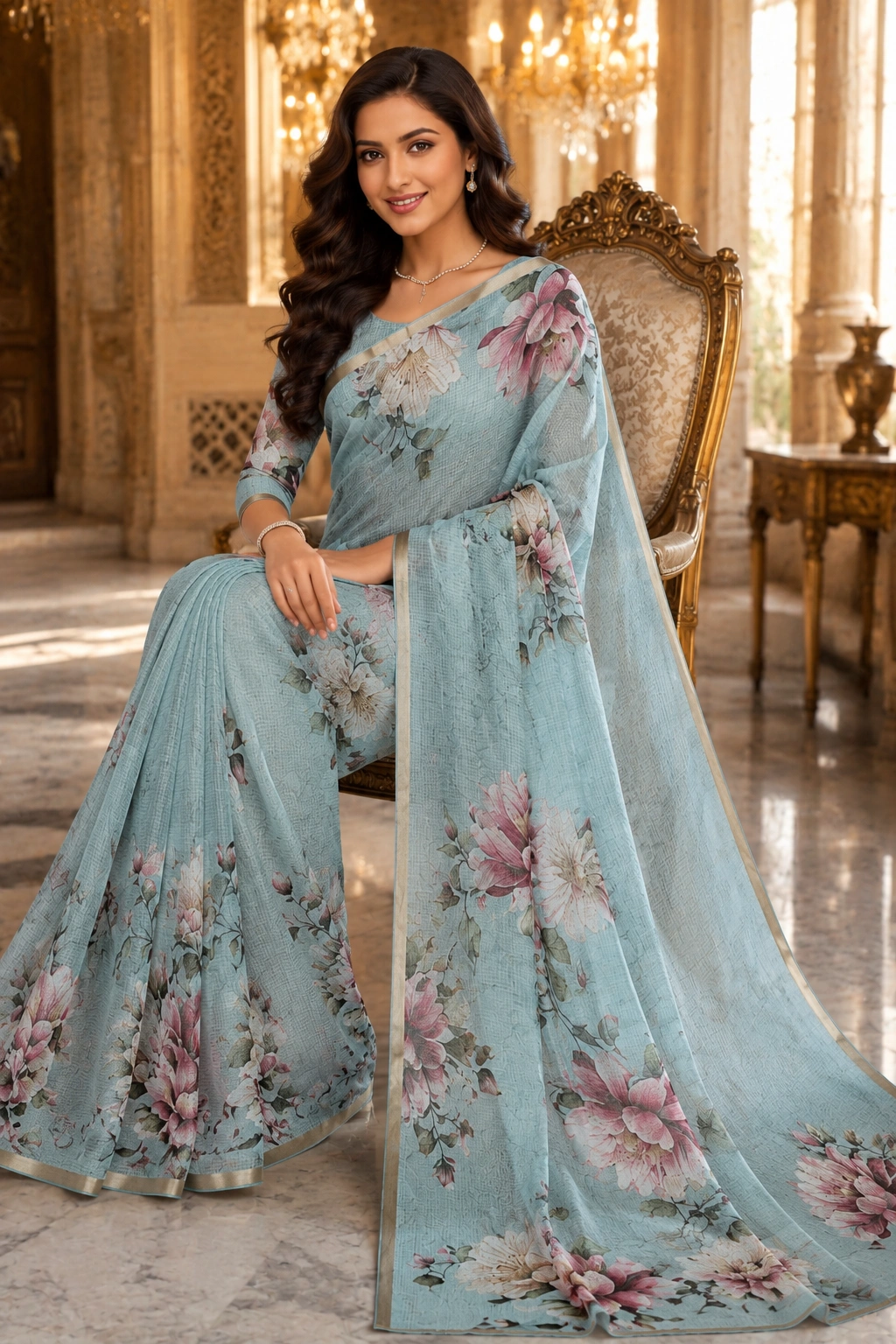 Pastel Light Green Kota Saree with Elegant Floral Printed Work - Image 5