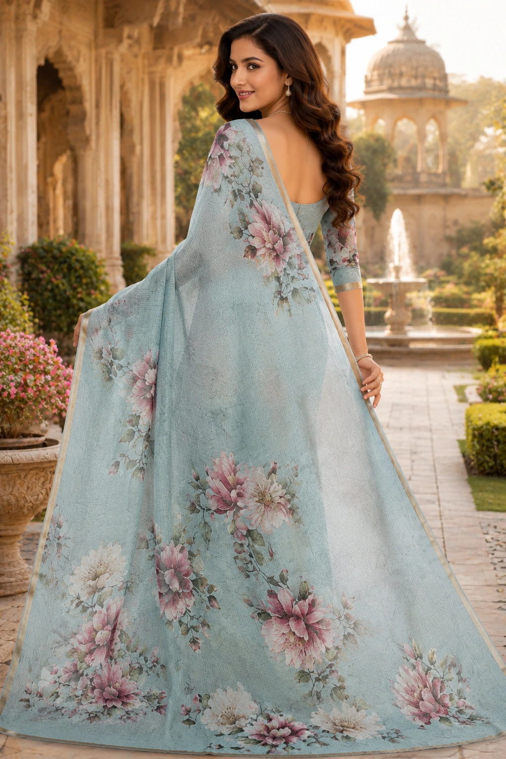 Pastel Light Green Kota Saree with Elegant Floral Printed Work - Image 3