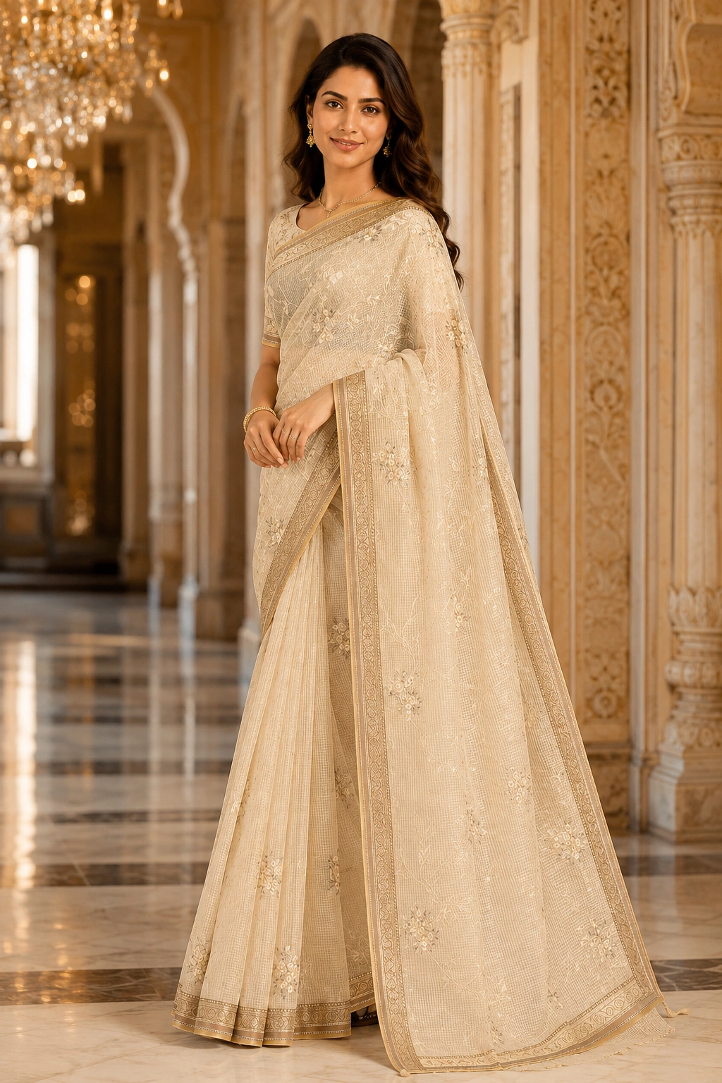 Elegant Beige Kota Saree with Intricate Thread Work & Blouse Piece - Image 3