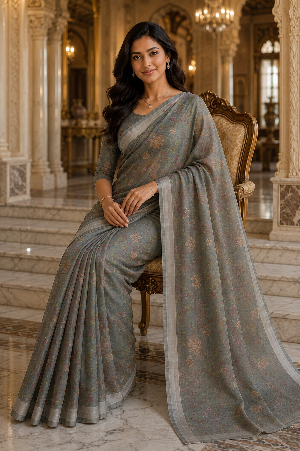 Emerald Green Mul Cotton Printed Saree with Floral Vine Design - Image 4