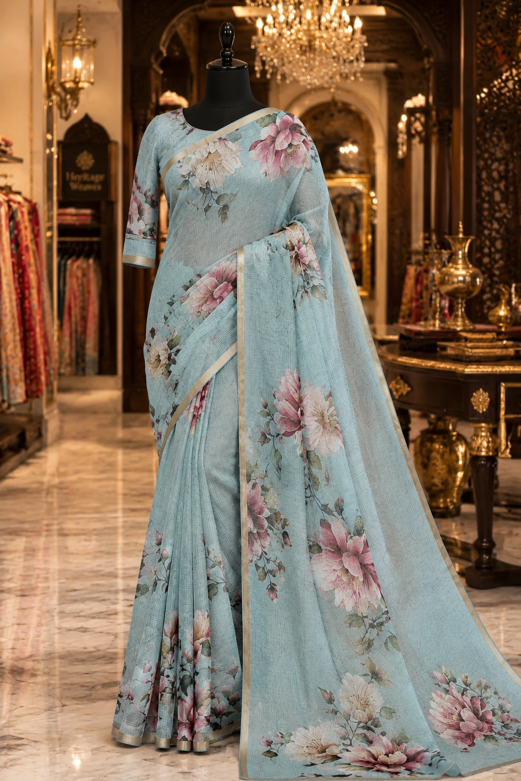 Pastel Light Green Kota Saree with Elegant Floral Printed Work - Image 6