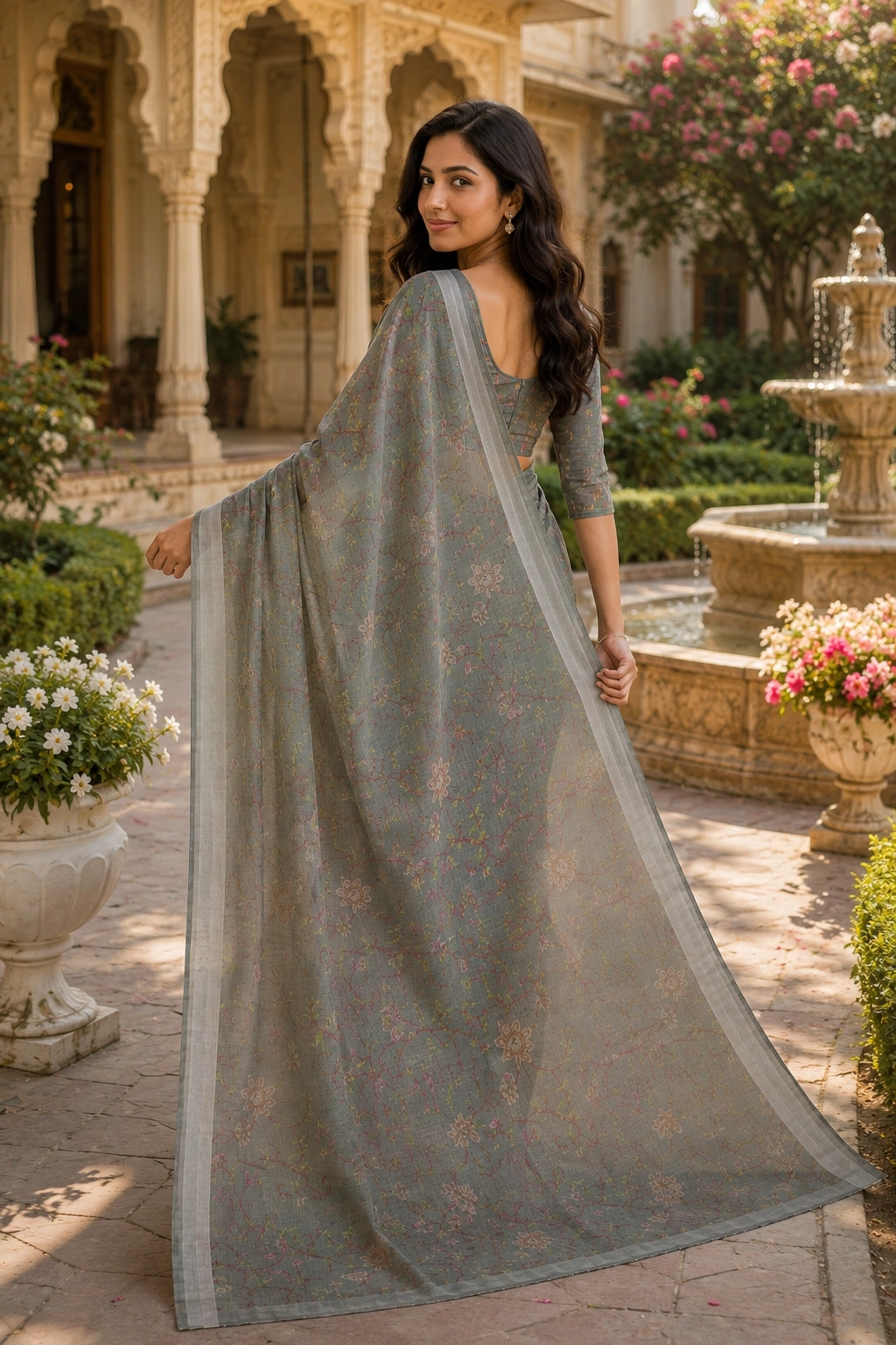Emerald Green Mul Cotton Printed Saree with Floral Vine Design - Image 3