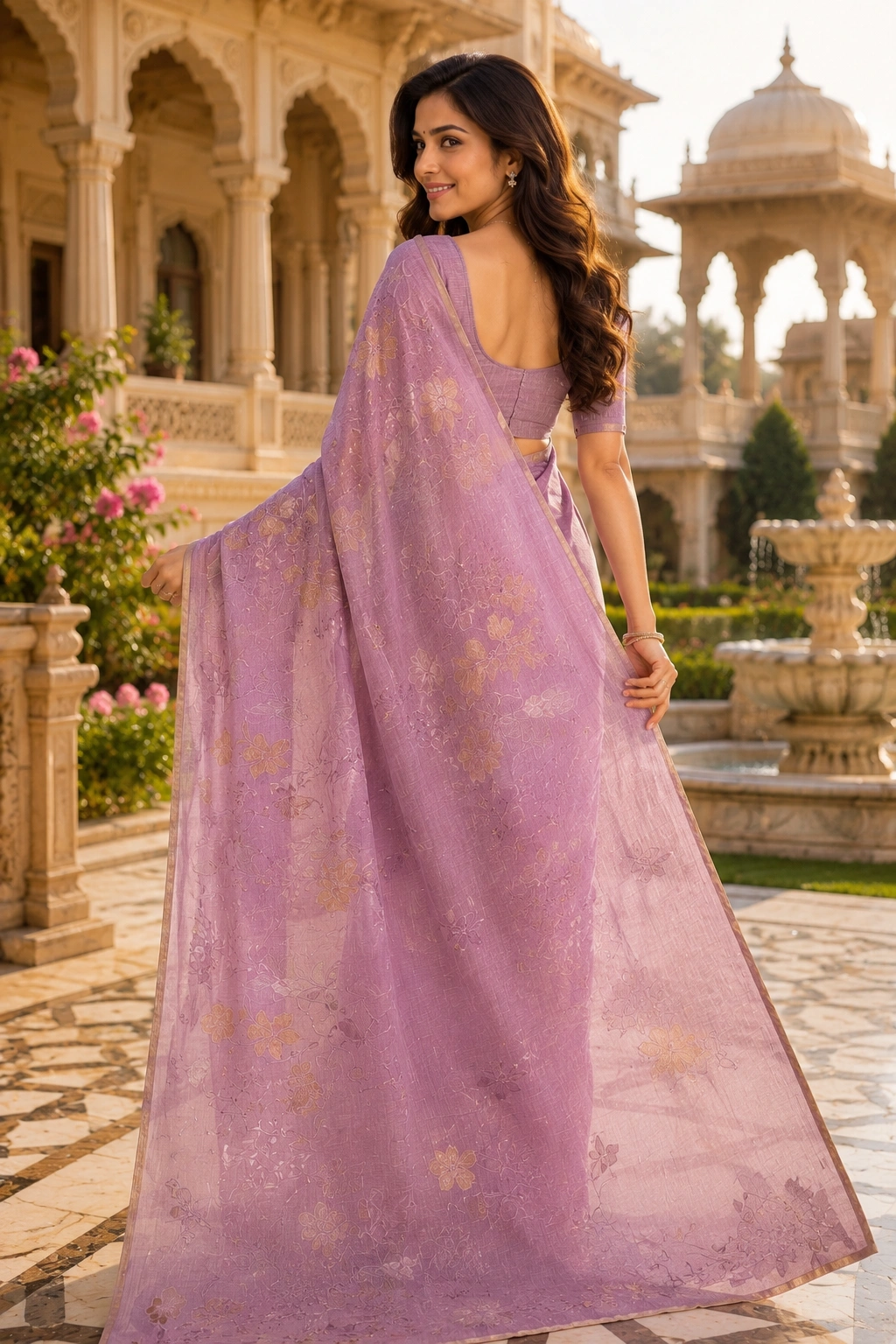 Elegant Lavender Kota Saree with Intricate Appliqué Work - Image 2