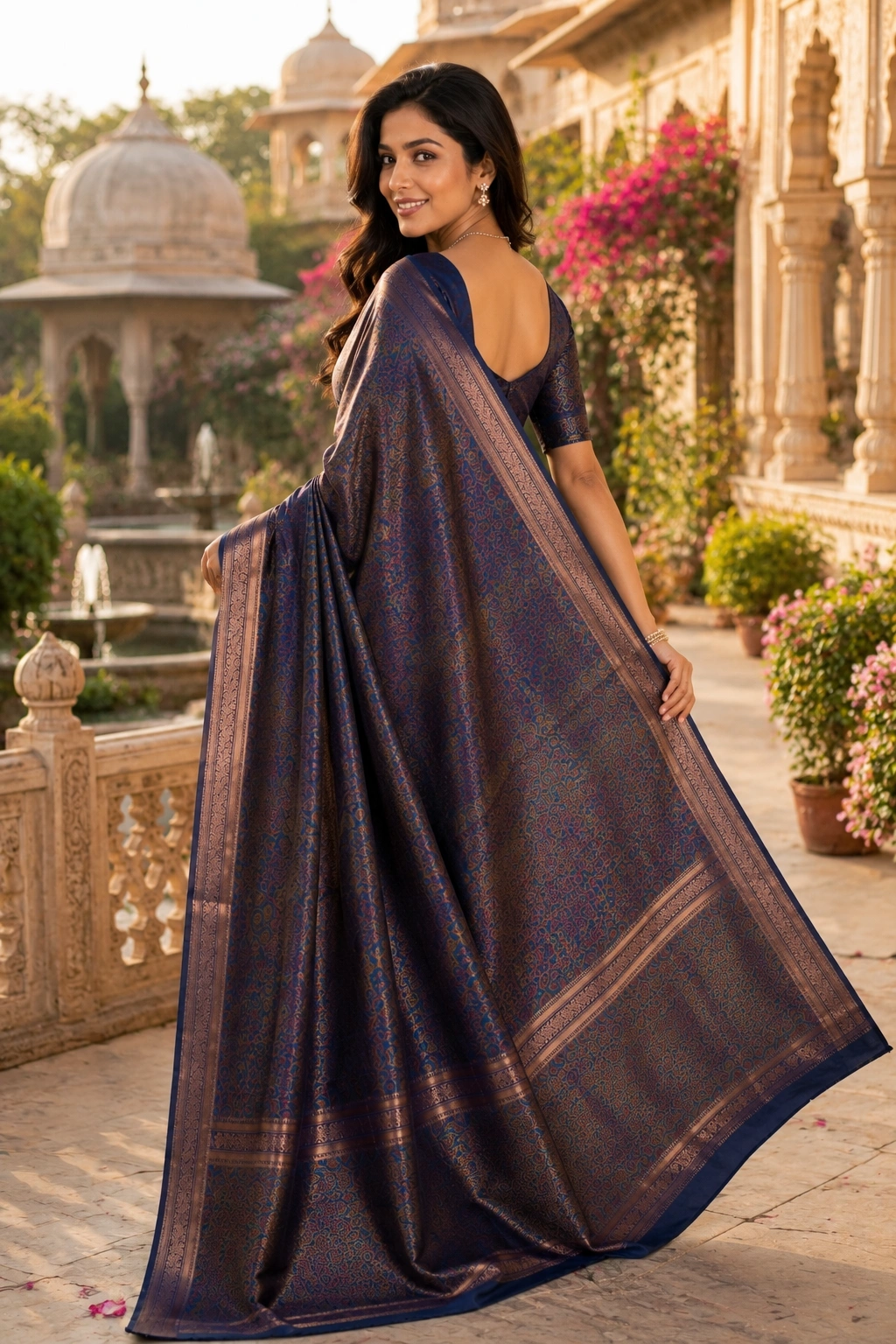 Royal Blue Jamawar Woven Saree with Elegant Zari Border - Image 2