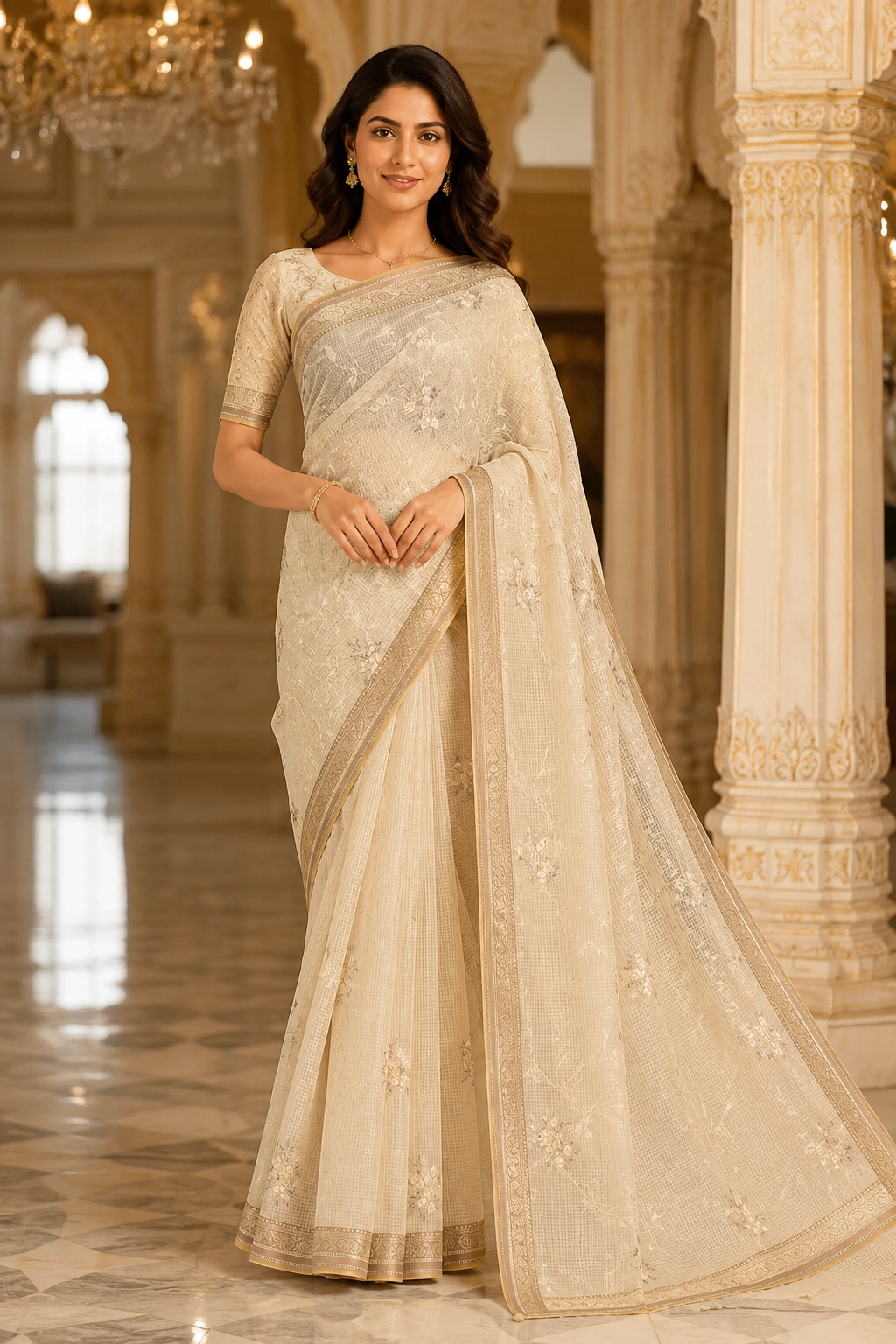 Elegant Beige Kota Saree with Intricate Thread Work & Blouse Piece