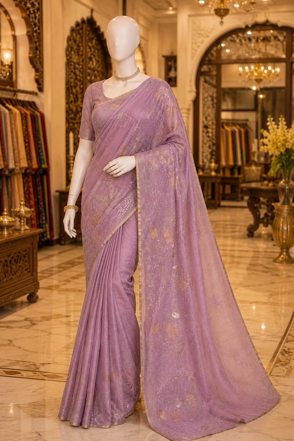 Elegant Lavender Kota Saree with Intricate Appliqué Work - Image 6