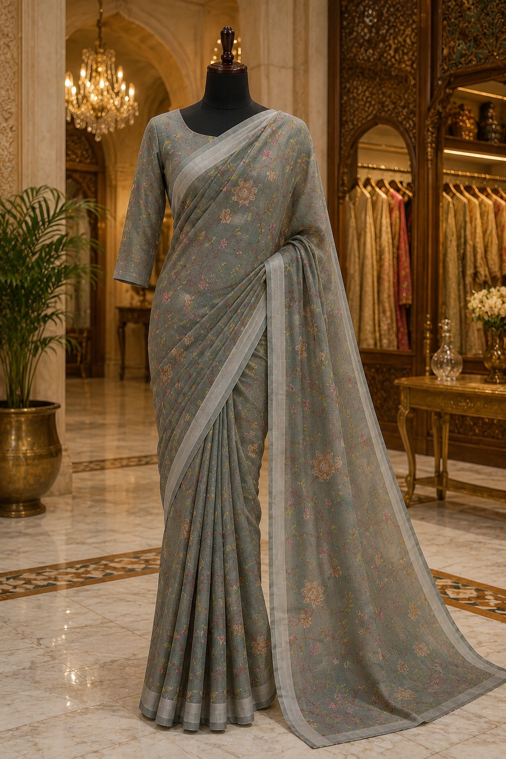 Emerald Green Mul Cotton Printed Saree with Floral Vine Design - Image 6