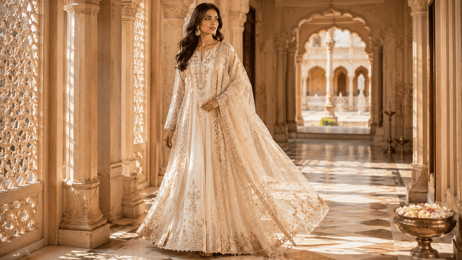 Woman wearing an ivory embroidered Anarkali suit with sheer organza dupatta in a sunlit marble palace corridor