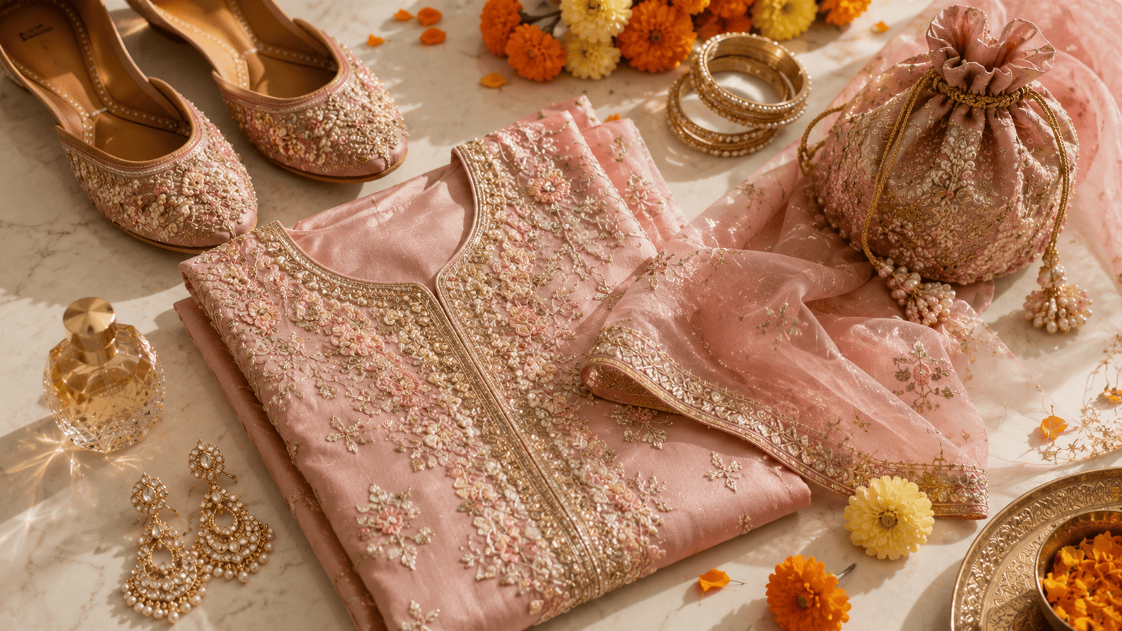 Blush pink embroidered unstitched suit set laid flat with gold juttis, pearl bangles, potli bag, earrings and marigold flowers