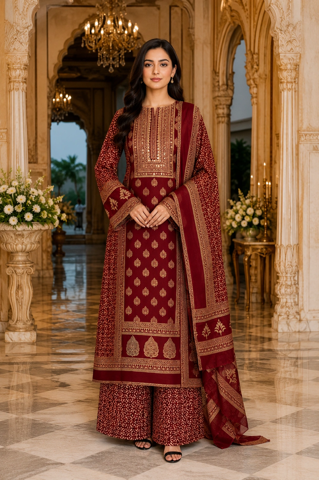 Ruby Mirror Charm Cotton Suit Set with Printed Dupatta