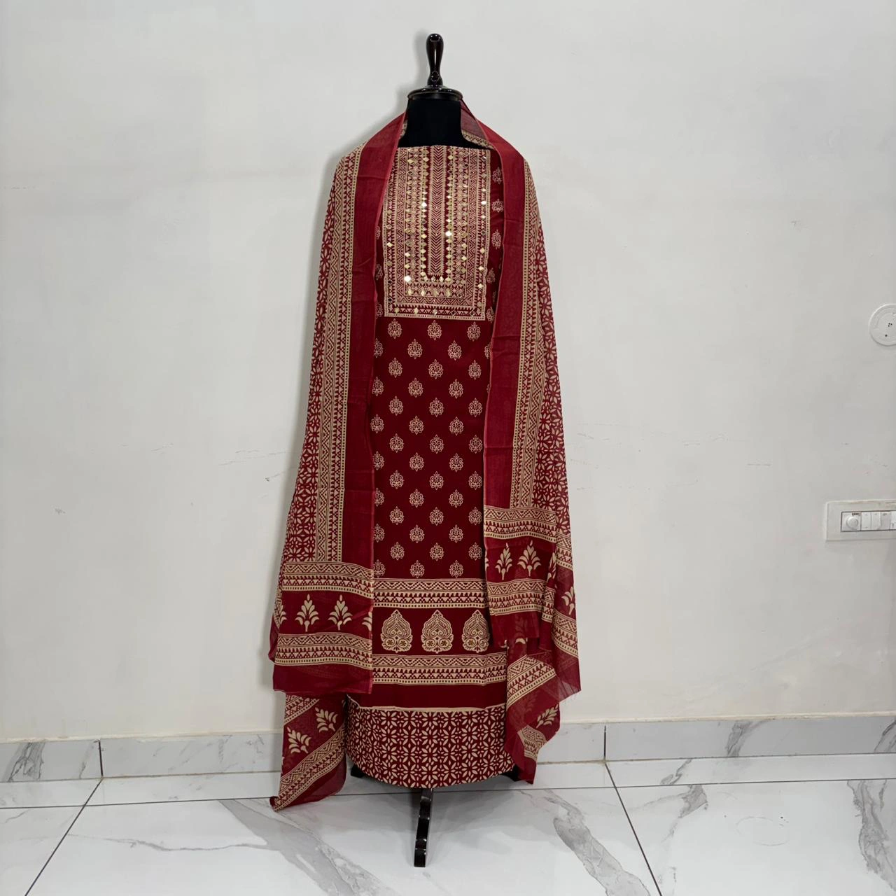 Ruby Mirror Charm Cotton Suit Set with Printed Dupatta - Image 7
