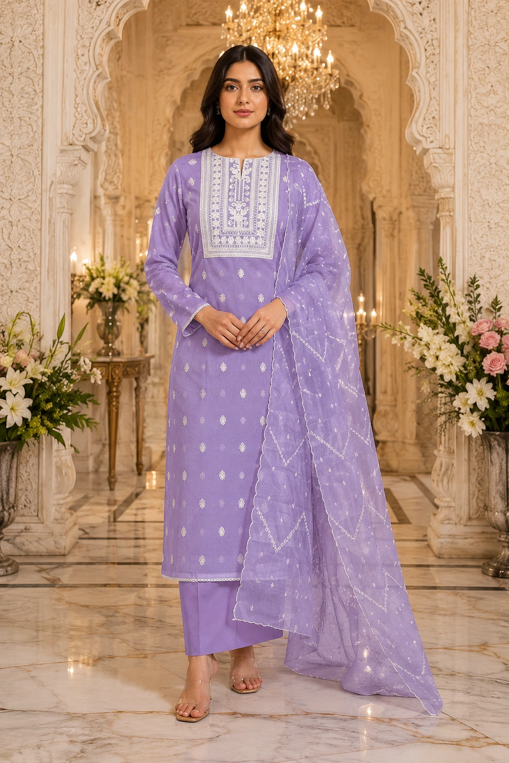 Lavender Grace Kota Doria Embroidered Women’s Ethnic Suit with Embroidered Dupatta