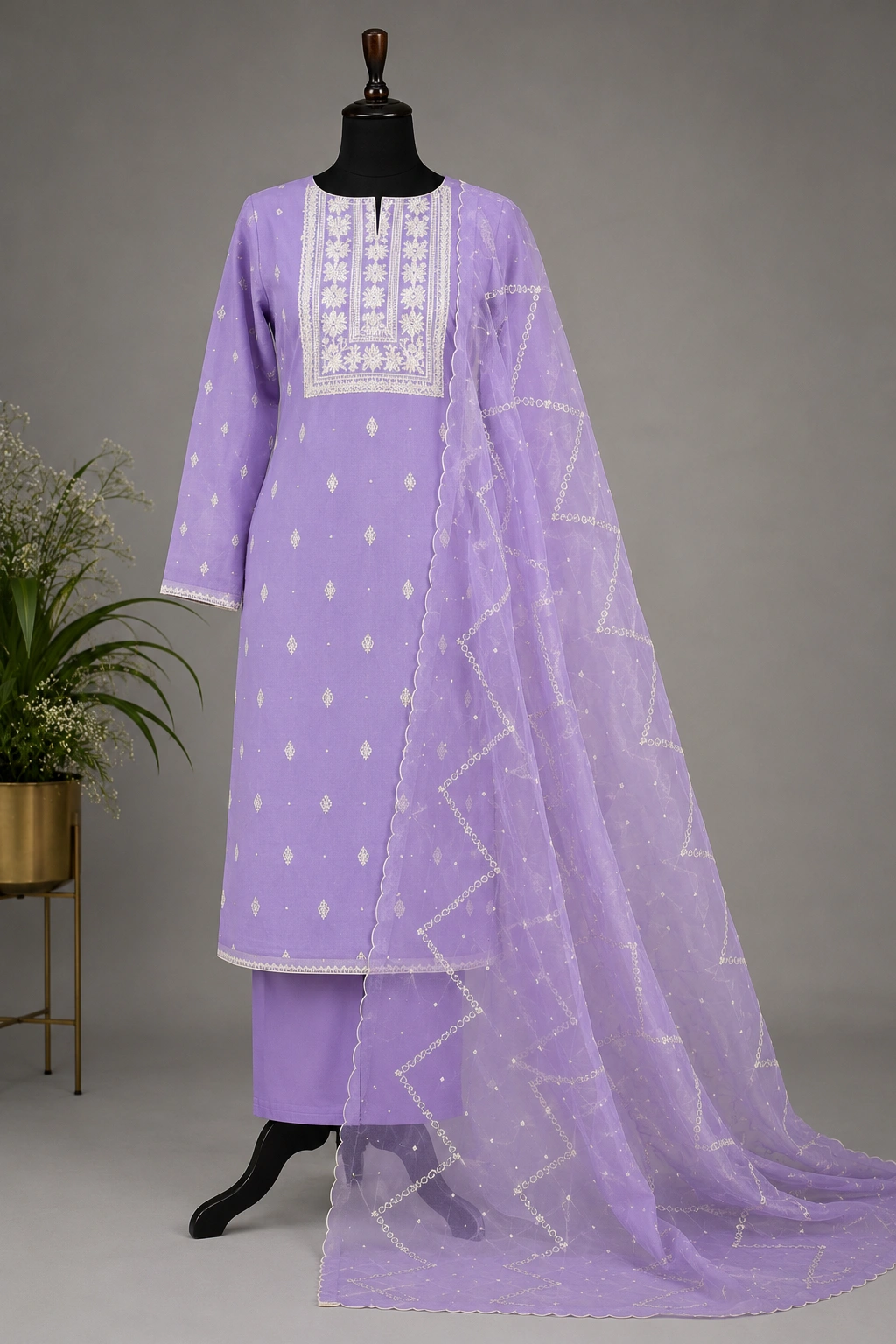 Lavender Grace Kota Doria Embroidered Women’s Ethnic Suit with Embroidered Dupatta - Image 6