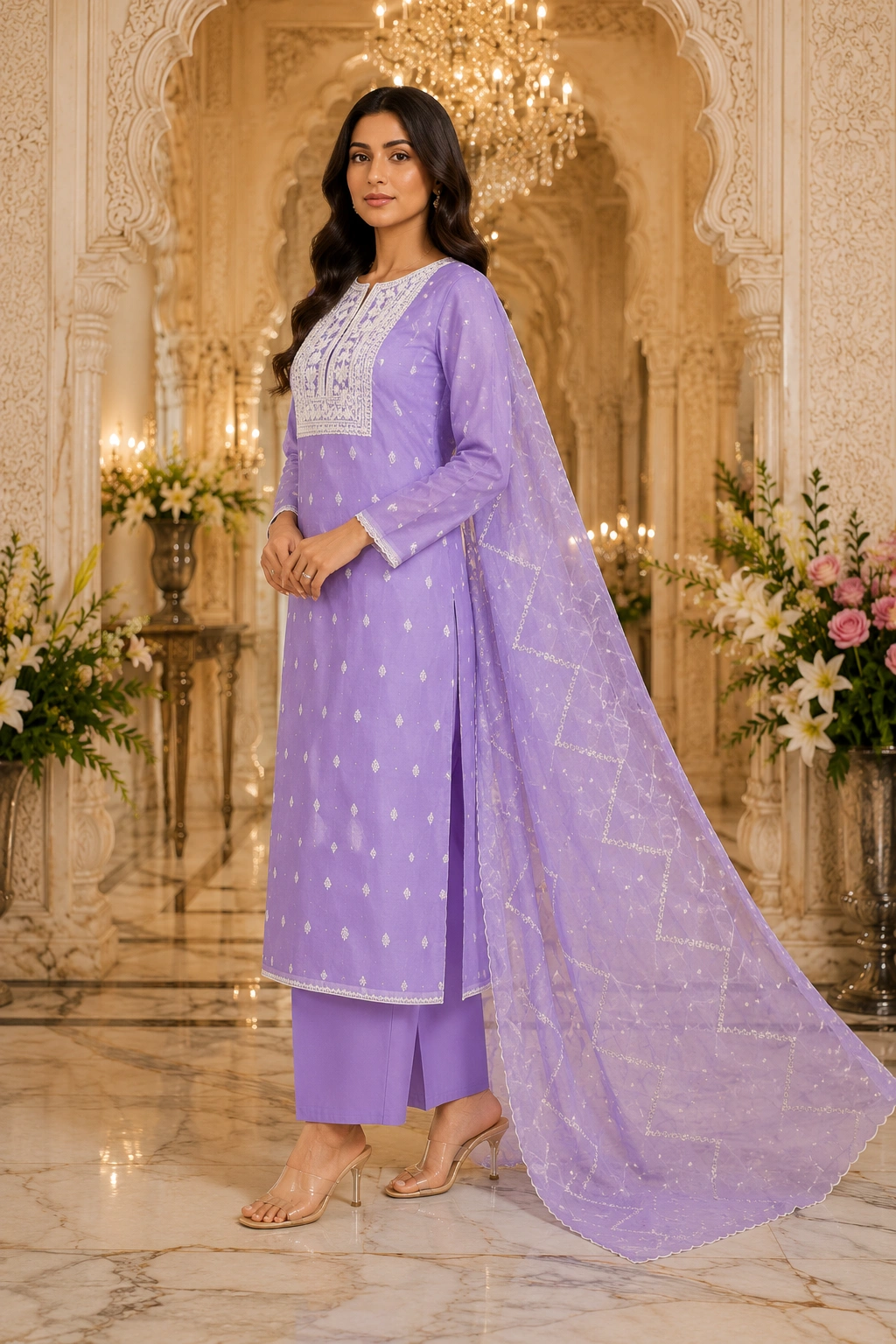 Lavender Grace Kota Doria Embroidered Women’s Ethnic Suit with Embroidered Dupatta - Image 3