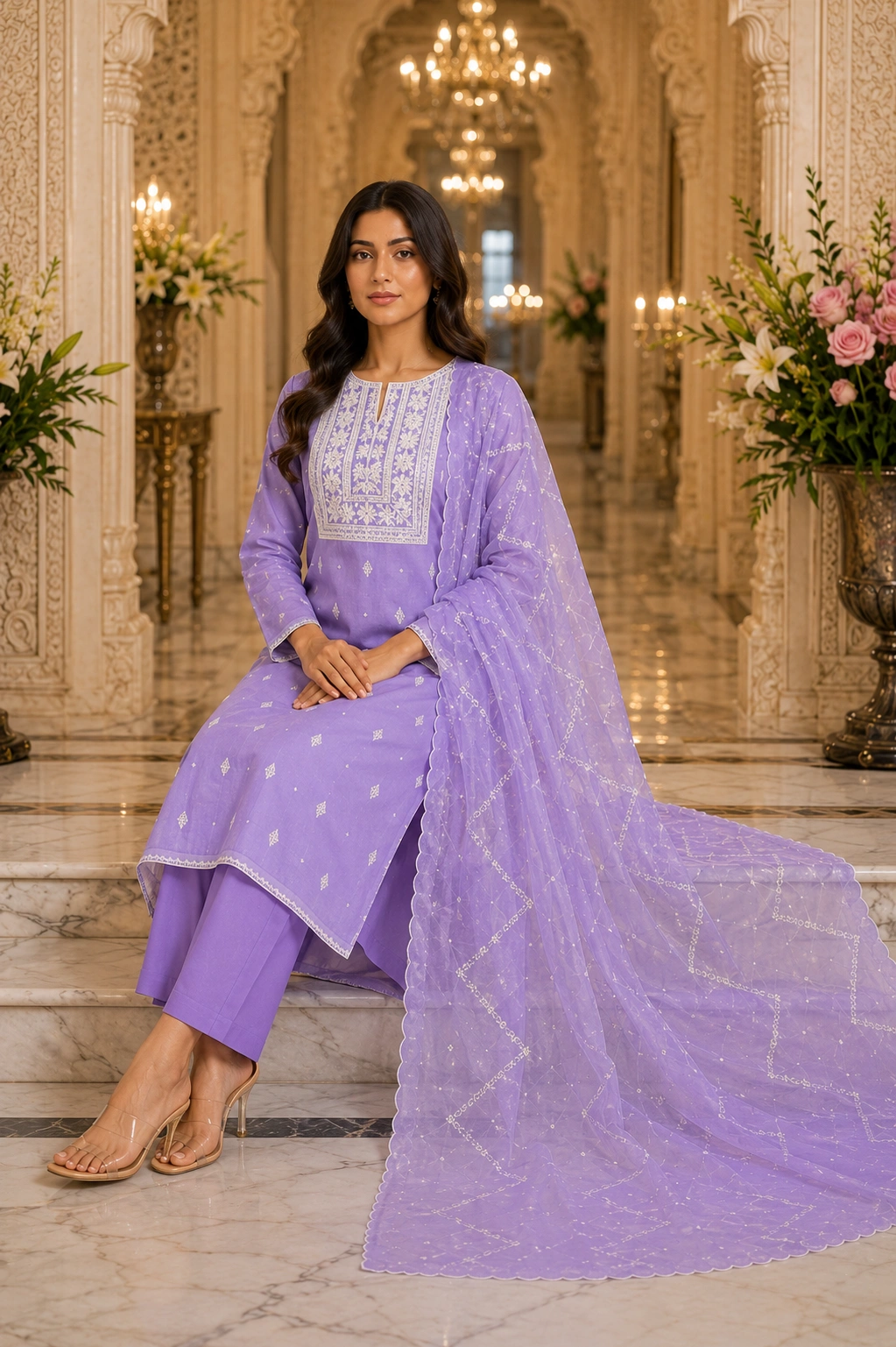 Lavender Grace Kota Doria Embroidered Women’s Ethnic Suit with Embroidered Dupatta - Image 4