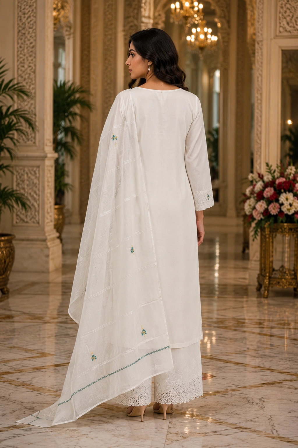 Ivory Bloom Embroidered Cotton Suit Set with Embroidered Dupatta - Image 2