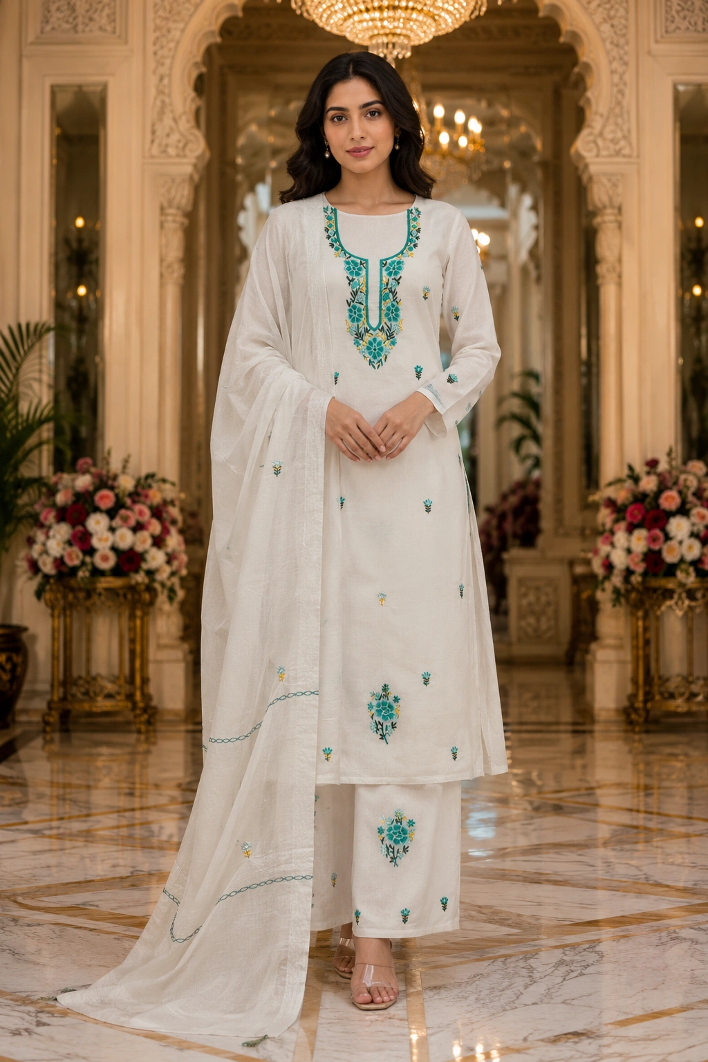 Ivory Bloom Embroidered Cotton Suit Set with Embroidered Dupatta