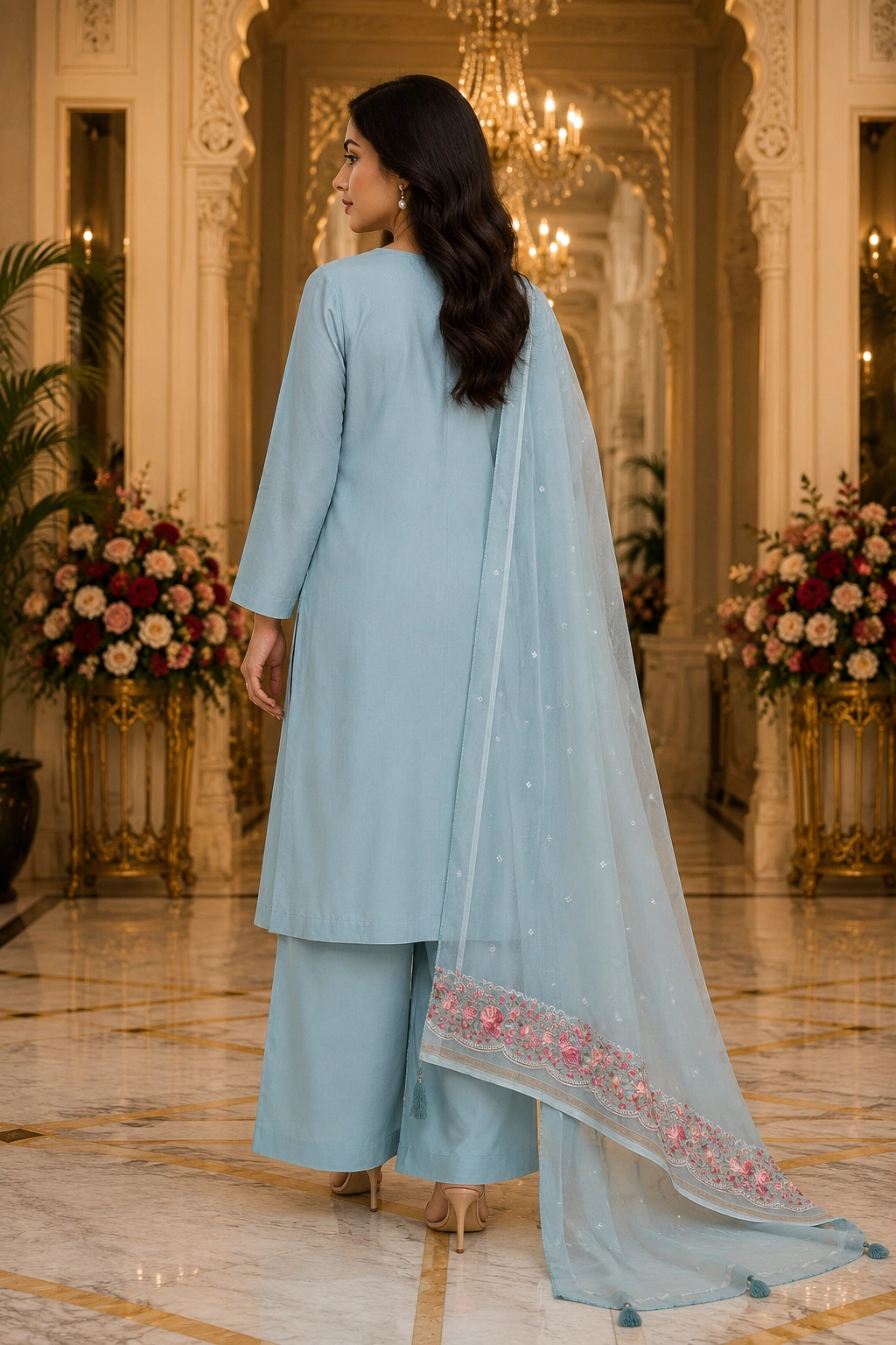 Sky Blue Mul Cotton Embroidered Women’s Ethnic Suit with Floral Dupatta - Image 2