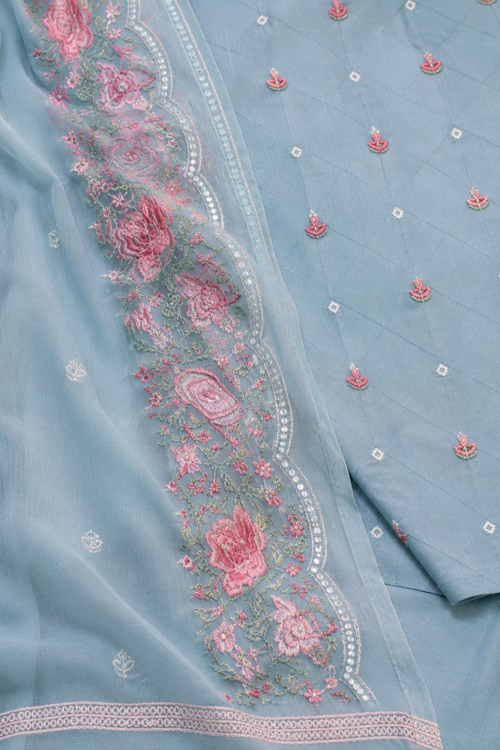 Sky Blue Mul Cotton Embroidered Women’s Ethnic Suit with Floral Dupatta - Image 5