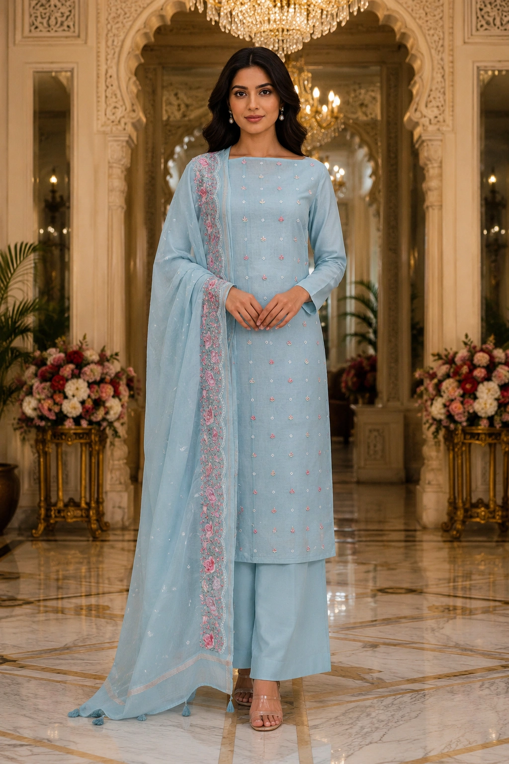 Sky Blue Mul Cotton Embroidered Women’s Ethnic Suit with Floral Dupatta