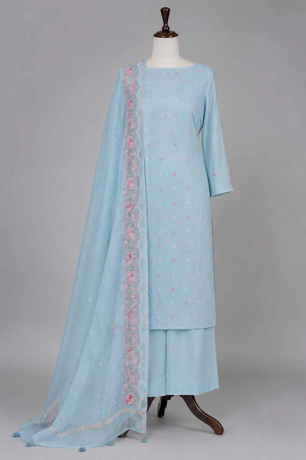 Sky Blue Mul Cotton Embroidered Women’s Ethnic Suit with Floral Dupatta - Image 6