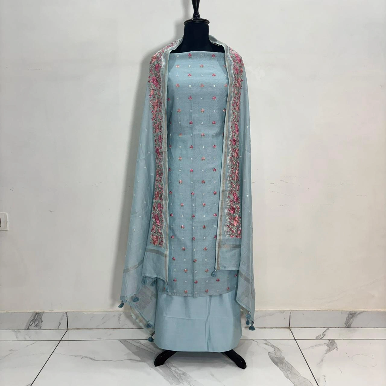 Sky Blue Mul Cotton Embroidered Women’s Ethnic Suit with Floral Dupatta - Image 7