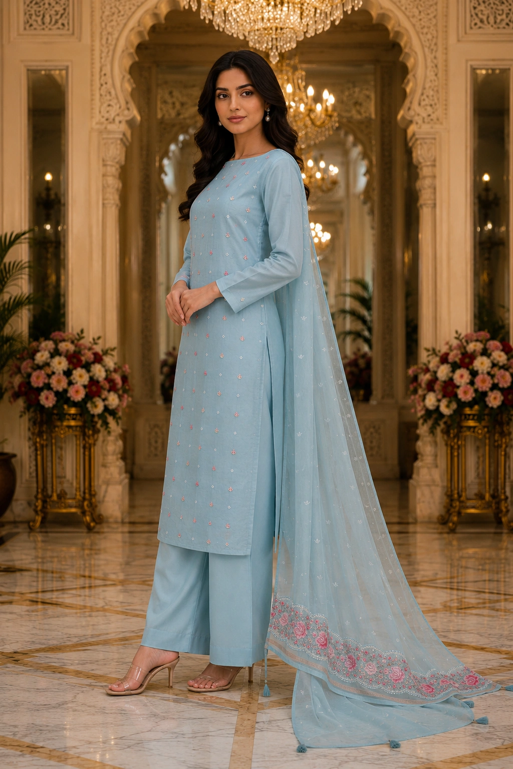 Sky Blue Mul Cotton Embroidered Women’s Ethnic Suit with Floral Dupatta - Image 3