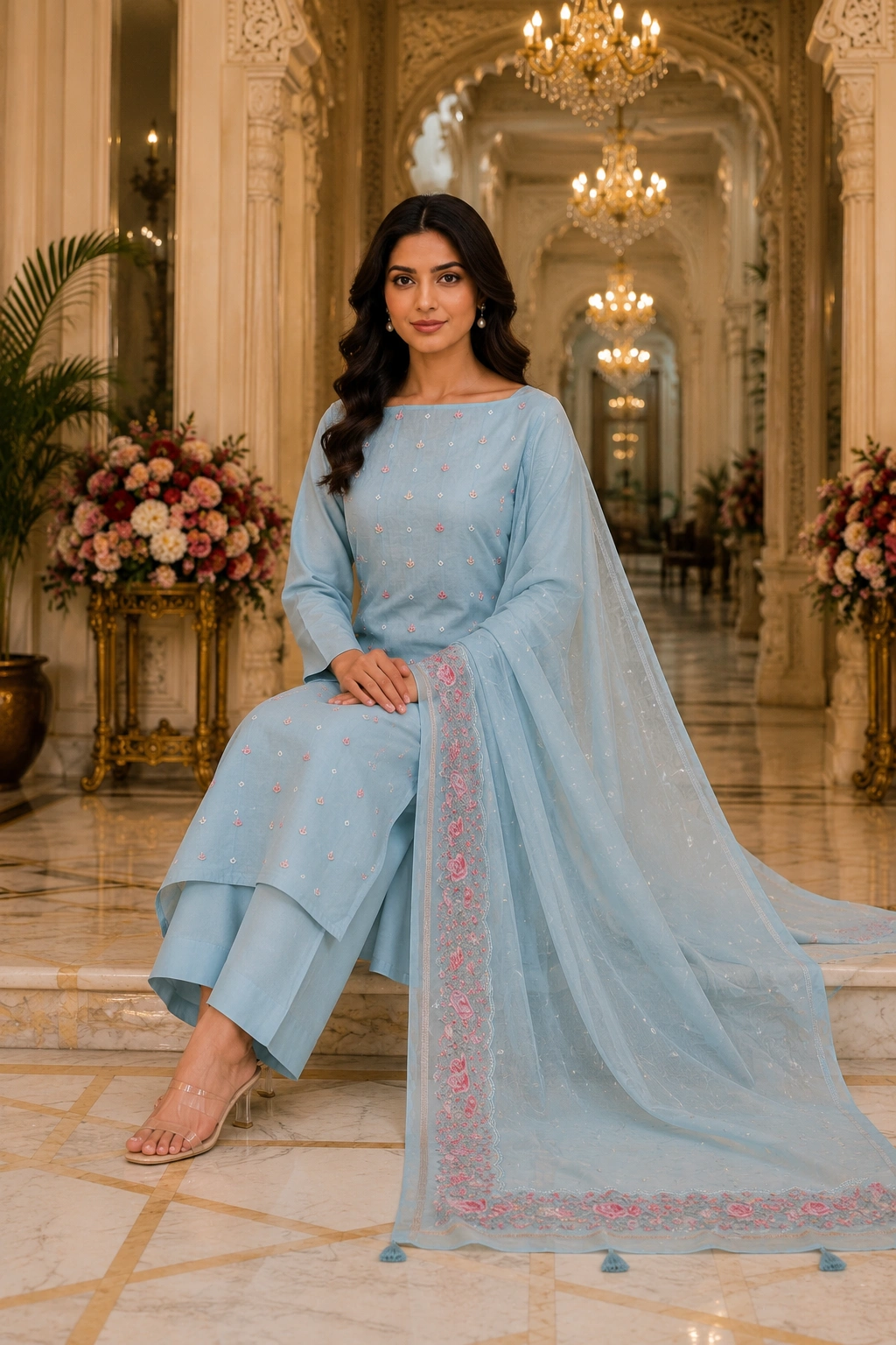 Sky Blue Mul Cotton Embroidered Women’s Ethnic Suit with Floral Dupatta - Image 4