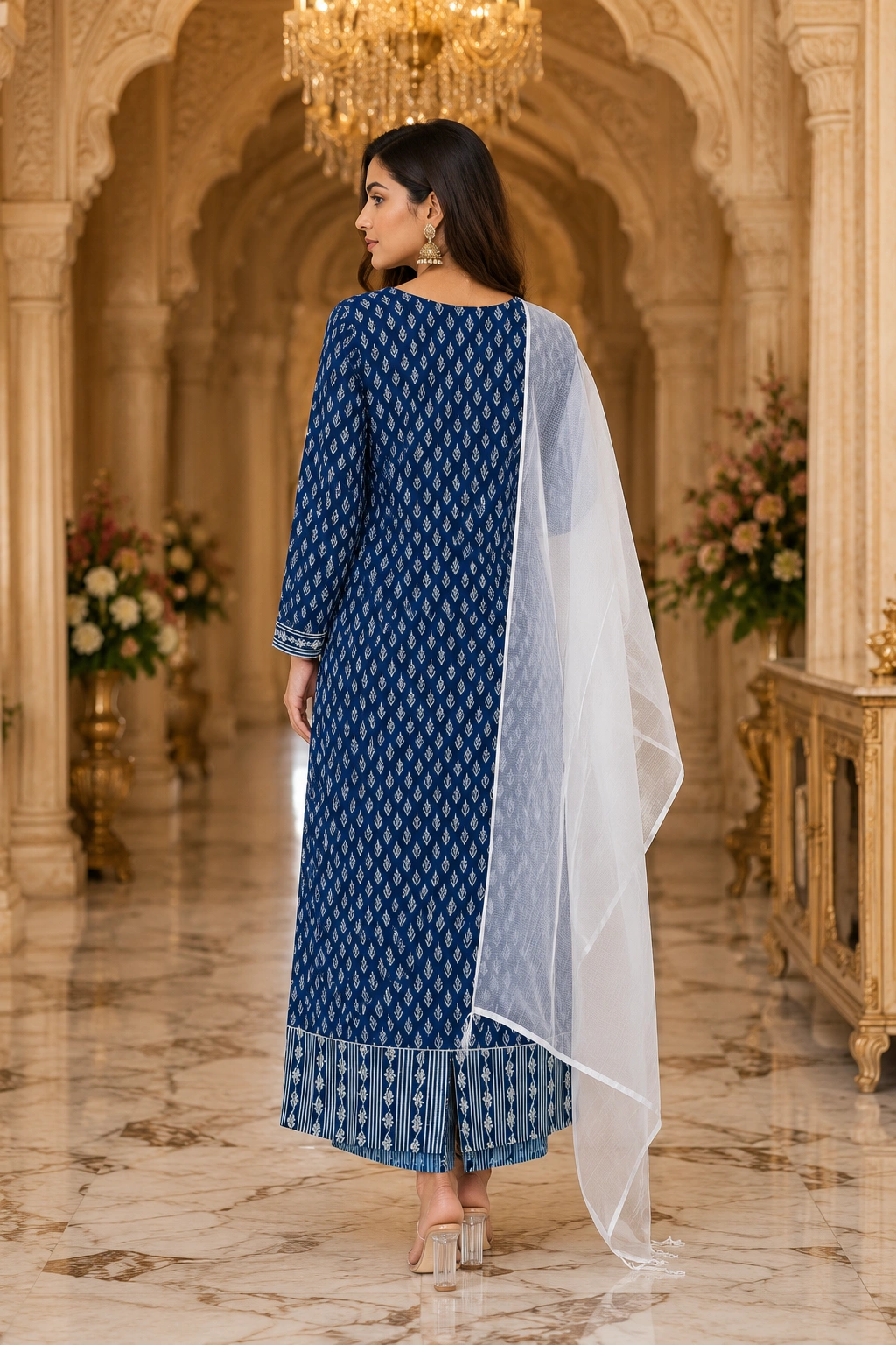 Royal Blue Cotton Embroidered Neck Women’s Ethnic Suit with White Dupatta - Image 2