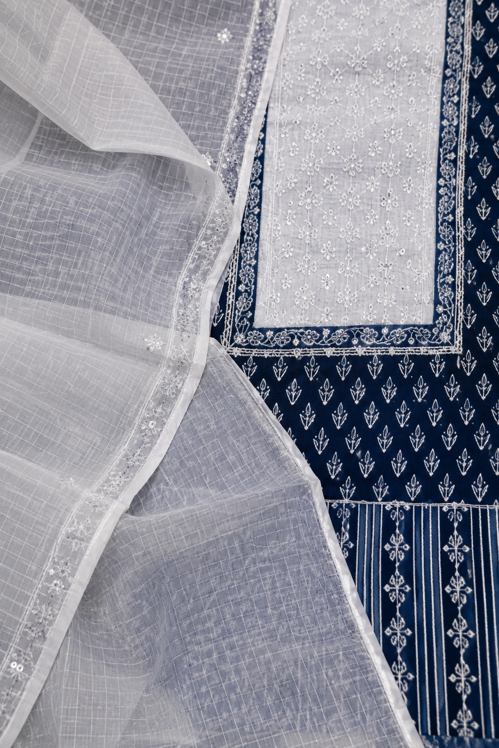Royal Blue Cotton Embroidered Neck Women’s Ethnic Suit with White Dupatta - Image 5