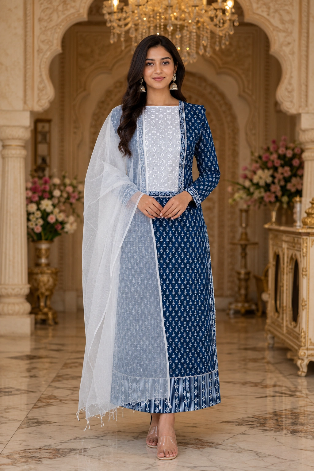 Royal Blue Cotton Embroidered Neck Women’s Ethnic Suit with White Dupatta