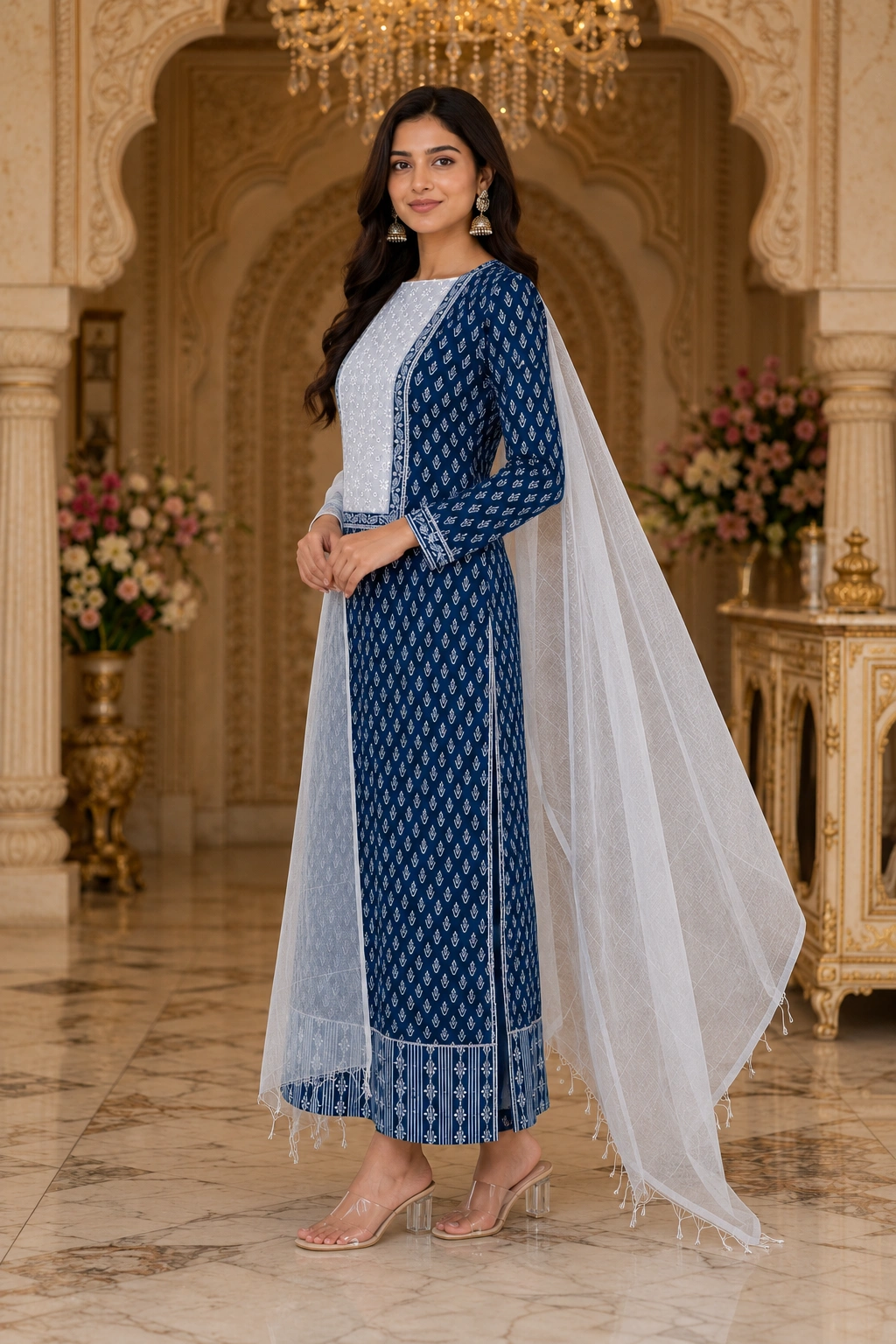 Royal Blue Cotton Embroidered Neck Women’s Ethnic Suit with White Dupatta - Image 3