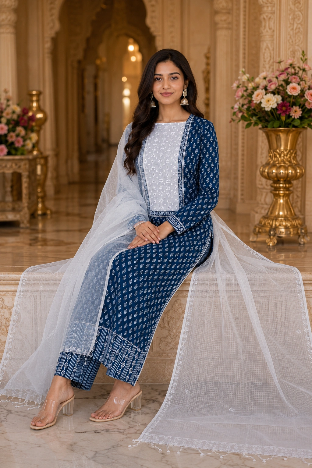Royal Blue Cotton Embroidered Neck Women’s Ethnic Suit with White Dupatta - Image 4