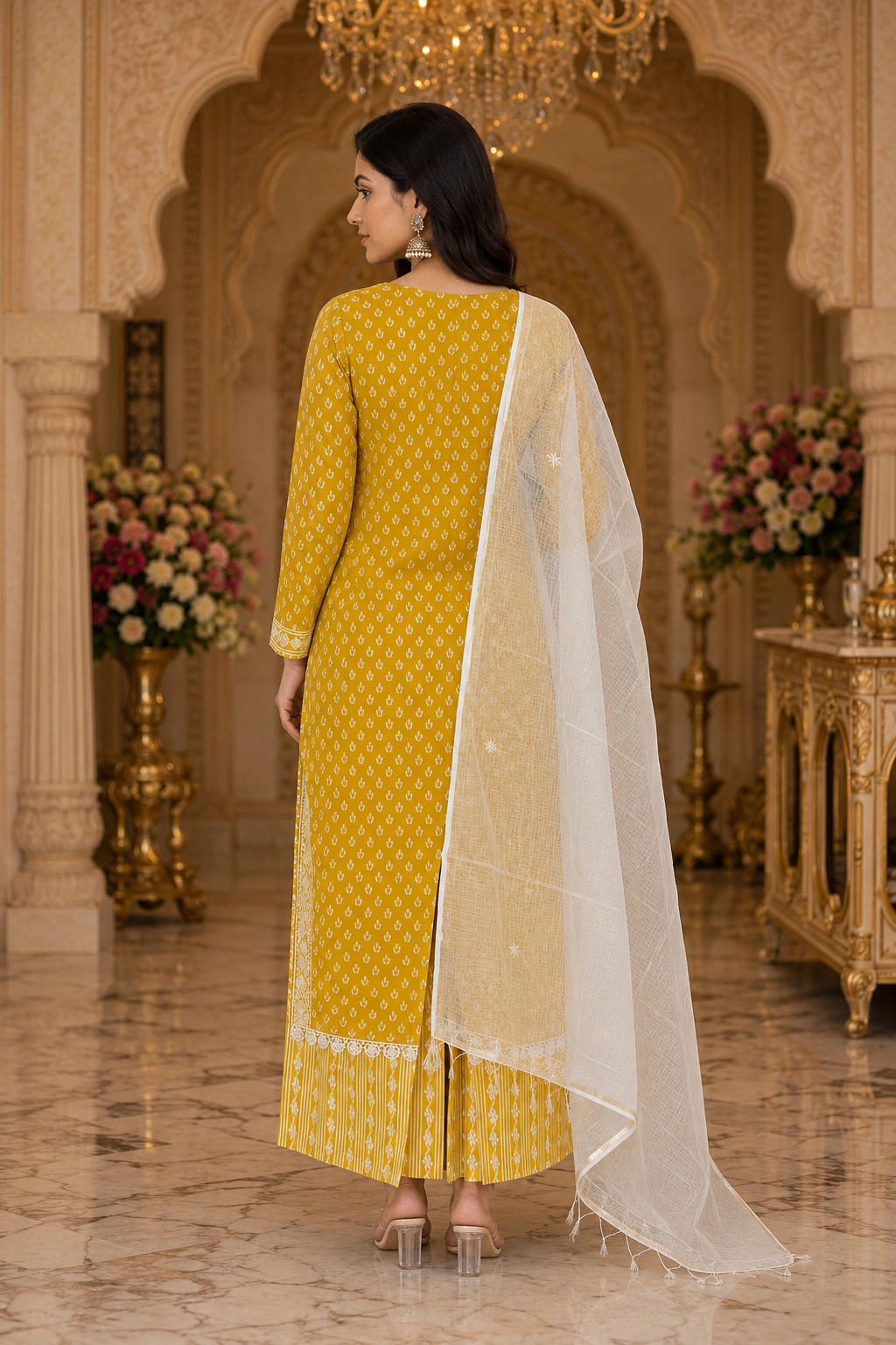 Sunlit Grace Yellow Cotton Embroidered Suit Set with Printed Dupatta - Image 2