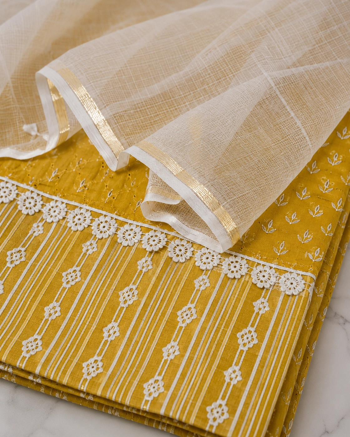 Sunlit Grace Yellow Cotton Embroidered Suit Set with Printed Dupatta - Image 5