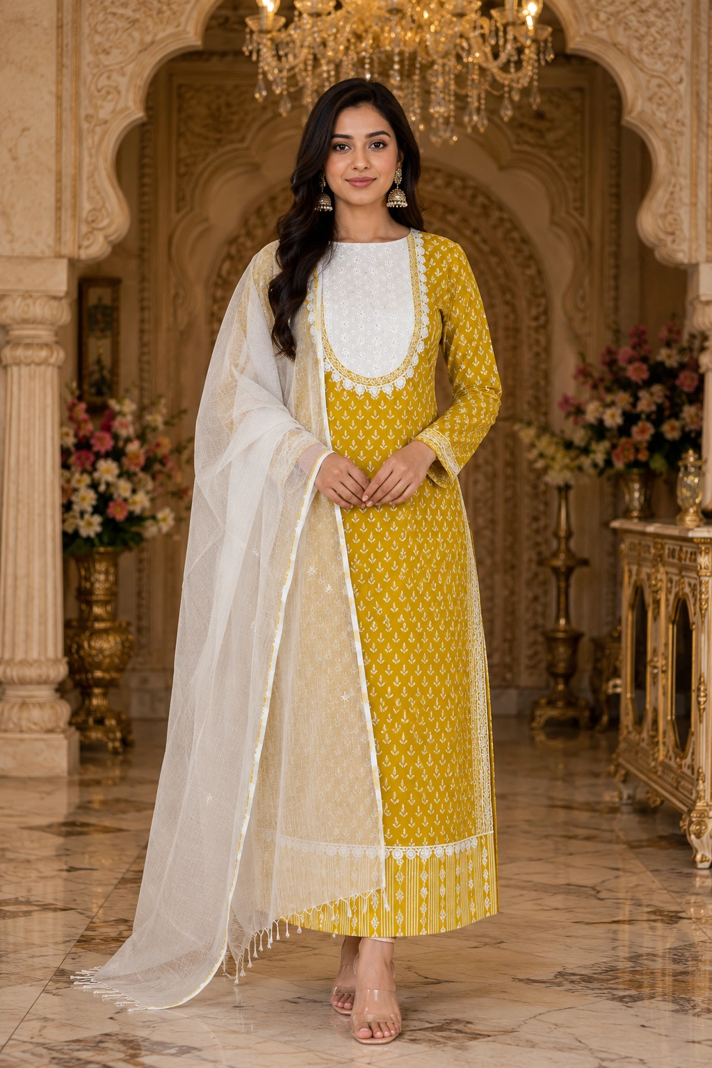 Sunlit Grace Yellow Cotton Embroidered Suit Set with Printed Dupatta